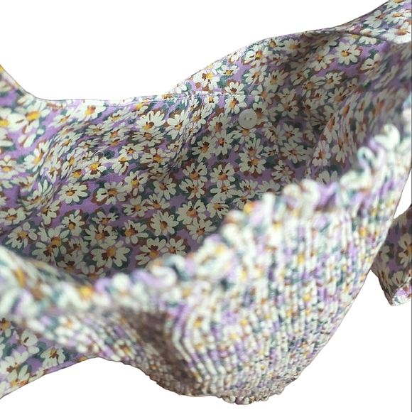 Zara Linen Blend Ditsy Floral Smocked Back Button Front Crop Top S Purple White - Picture 8 of 16